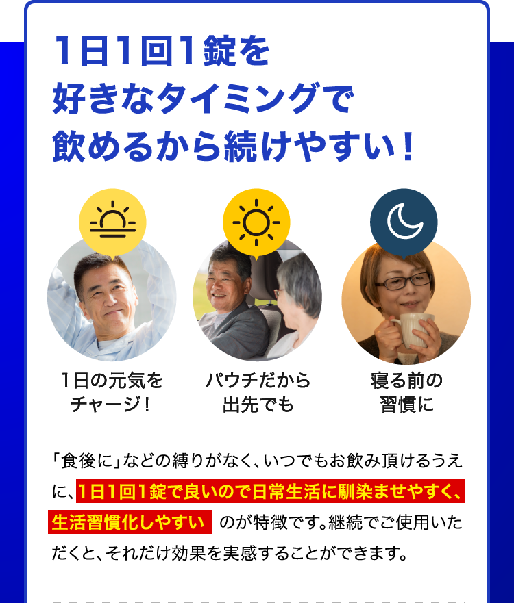 1日1回1錠を好きなタイミングで飲めるから続けやすい！
