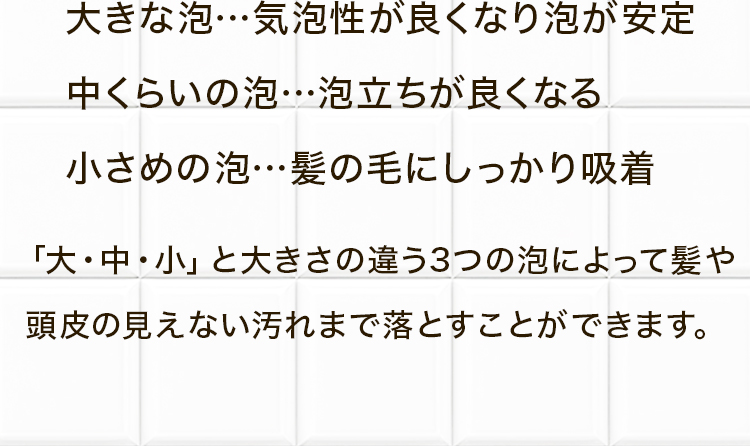 「大・中・小」と大きさの違う3つの泡によって髪や頭皮の見えない汚れまで落とすことができます。