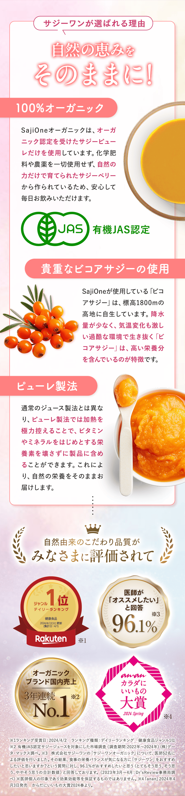 サジーワンが選ばれる理由 自然の恵みをそのままに!100%オーガニック