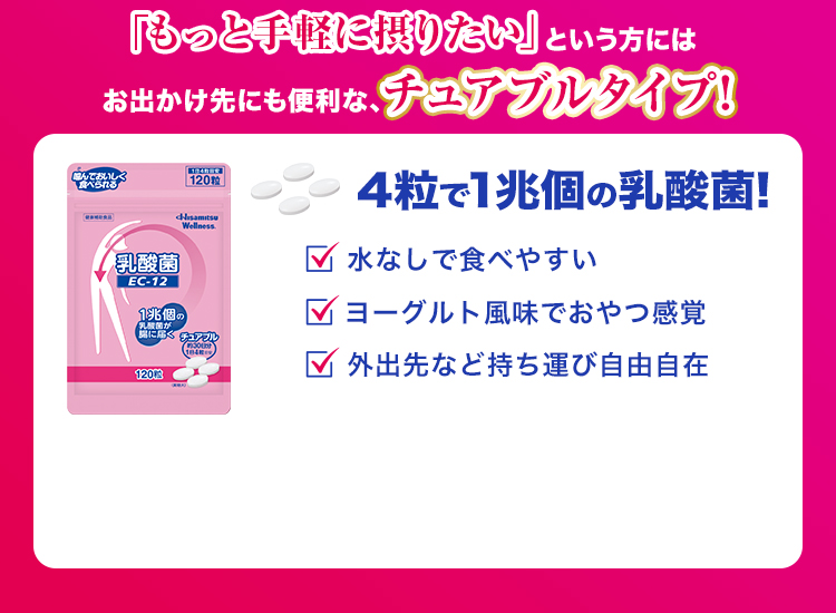 もっと手軽に摂りたいという方には お出かけ先にも便利な、チュアブルタイプ！ 4粒で1兆個の乳酸菌！