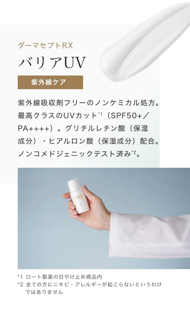 ダーマセプトRX バリアUV 紫外線ケア 紫外線吸収剤フリーのノンケミカル処方。最高クラスのUVカット*1（SPF50+／PA++++）。グリチルレチン酸（保湿成分）・ヒアルロン酸（保湿成分）配合。ノンコメドジェニックテスト済み*2。*1 ロート製薬の日やけ止め商品内 *2 全ての方にニキビ・アレルギーが起こらないというわけではありません