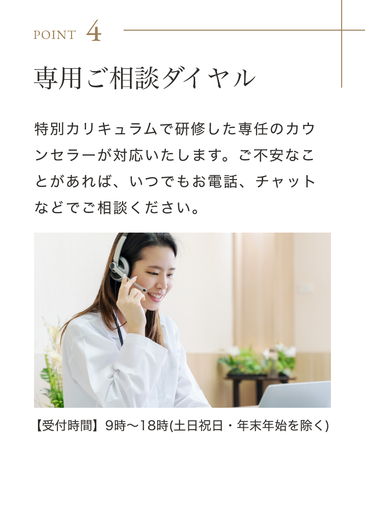Point 4 専用ご相談ダイヤル 特別カリキュラムで研修した専任のカウンセラーが対応いたします。ご不安なことがあれば、いつでもお電話、チャットなどでご相談ください。【受付時間】9時～18時(土日祝日・年末年始を除く)