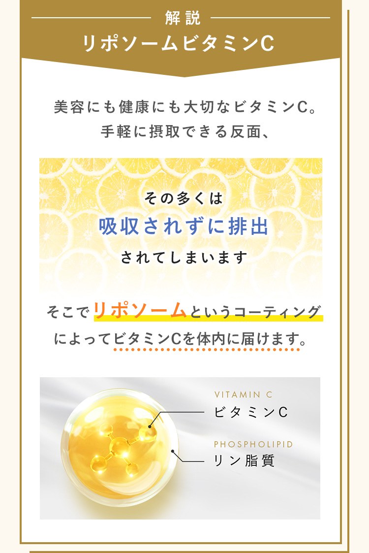 解説 リポソームビタミンC 美容にも健康にも大切なビタミンC。 手軽に摂取できる反面、 その多くは 吸収されずに排出 されてしまいます そこでリポソームというコーティング によってビタミンCを体内に届けます。 VITAMIN C ビタミンC PHOSPHOLIPID リン脂質