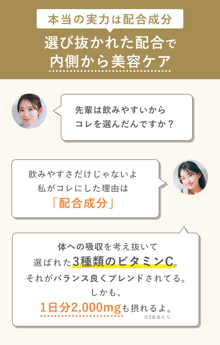 本当の実力は配合成分 選び抜かれた配合で 内側から美容ケア 先輩は飲みやすいから コレを選んだんですか？ 飲みやすさだけじゃないよ 私がコレにした理由は 「配合成分」 体への吸収を考え抜いて 選ばれた3種類のビタミンC。 それがバランス良くブレンドされてる。 しかも、 1日分2,000mgも摂れるよ。※2本あたり