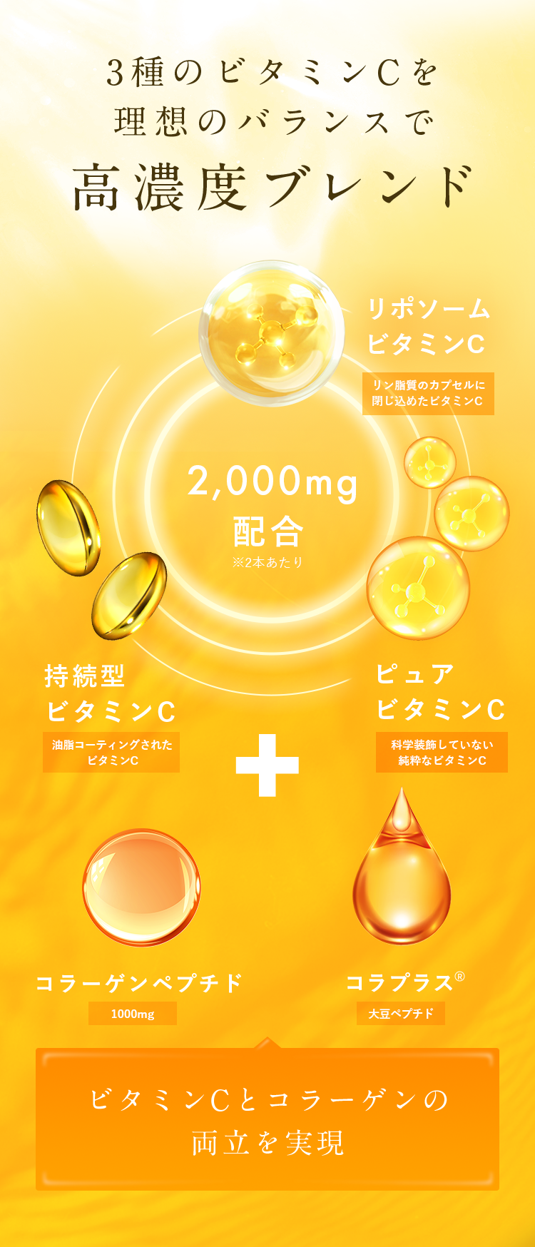 3種のビタミンCを理想のバランスで 高濃度ブレンド リポソームビタミンC リン脂質のカプセルに閉じ込めたビタミンC ピュアビタミンC 科学装飾していない純粋なビタミンC 持続型ビタミンC 油脂コーティングされたビタミンC 2,000mg 配合 コラーゲンペプチド 1000mg コラプラス® 大豆ペプチド ビタミンCとコラーゲンの両立を実現