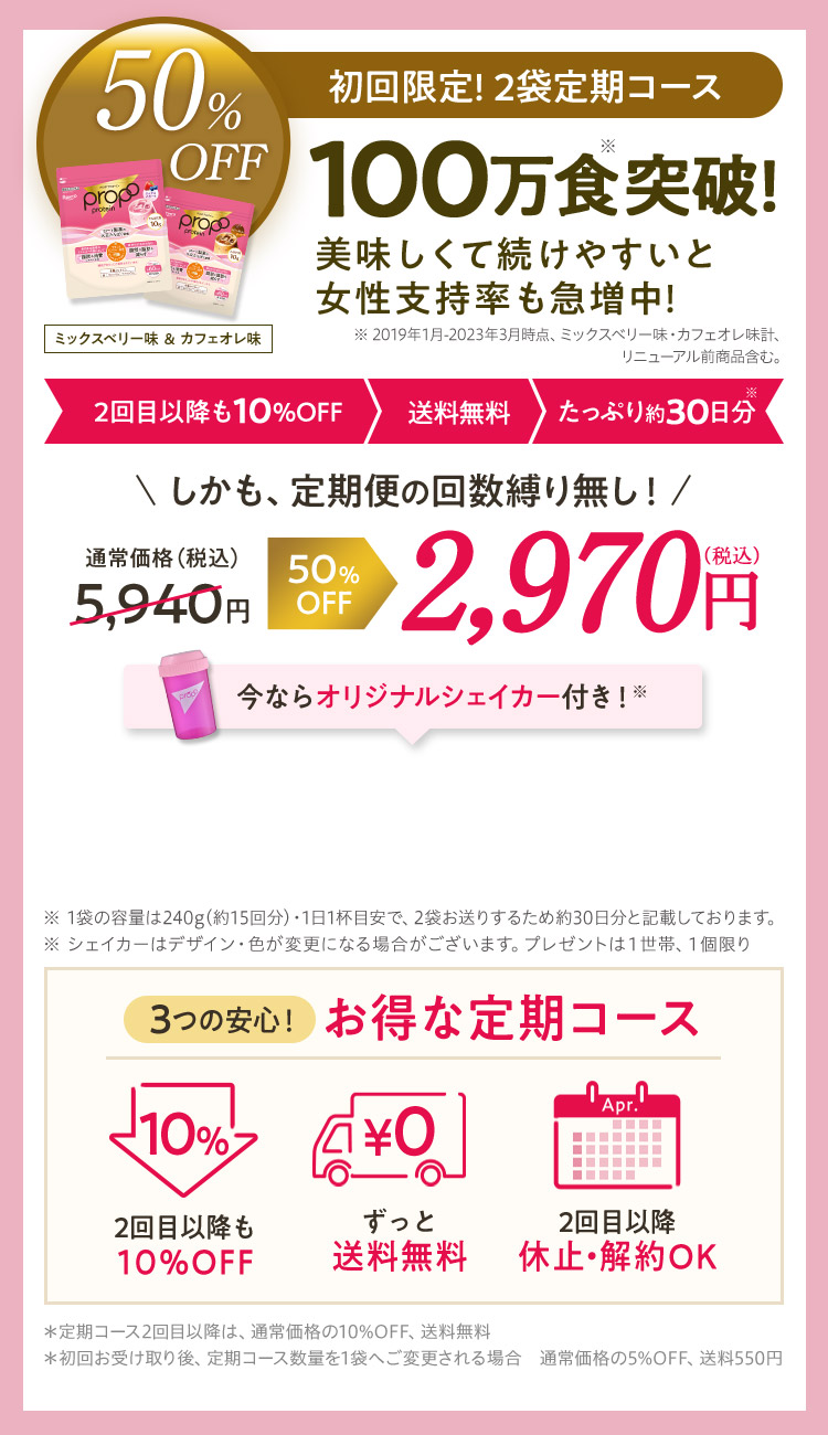 約50%OFFミックスベリー味 ＆ カフェオレ味初回限定! 2袋定期コース100万食※突破！美味しくて続けやすいと女性支持率も急増中！※ 2019年1月-2023年3月時点、ミックスベリー味・カフェオレ味計、リニューアル前商品含む。2回目以降も10％OFF送料無料たっぷり約30日分※しかも、定期便の回数縛り無し！通常価格（税込）5,940円約50％OFF2,970円（税込）今ならオリジナルシェイカー付き！※※ 1袋の容量は240g(約15回分)・1日1杯目安で、2袋お送りするため約30日分と記載しております。※ シェイカーはデザイン・色が変更になる場合がございます。プレゼントは１世帯、１個限り3つの安心！お得な定期コース10％2回目以降も10%OFF￥0ずっと送料無料2回目以降休止・解約OK＊定期コース2回目以降は、通常価格の10%OFF、送料無料＊初回お受け取り後、定期コース数量を1袋へご変更される場合　通常価格の5%OFF、送料550円