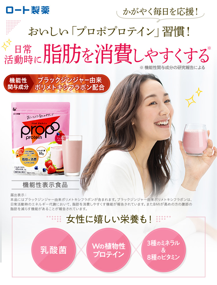 ロート製薬 かがやく毎日を応援！おいしい「プロポプロテイン」習慣！日常 活動時に 脂肪を消費しやすくする※ ※ 機能性関与成分の研究報告による 機能性関与成分 ブラックジンジャー由来ポリメトキシフラボン配合