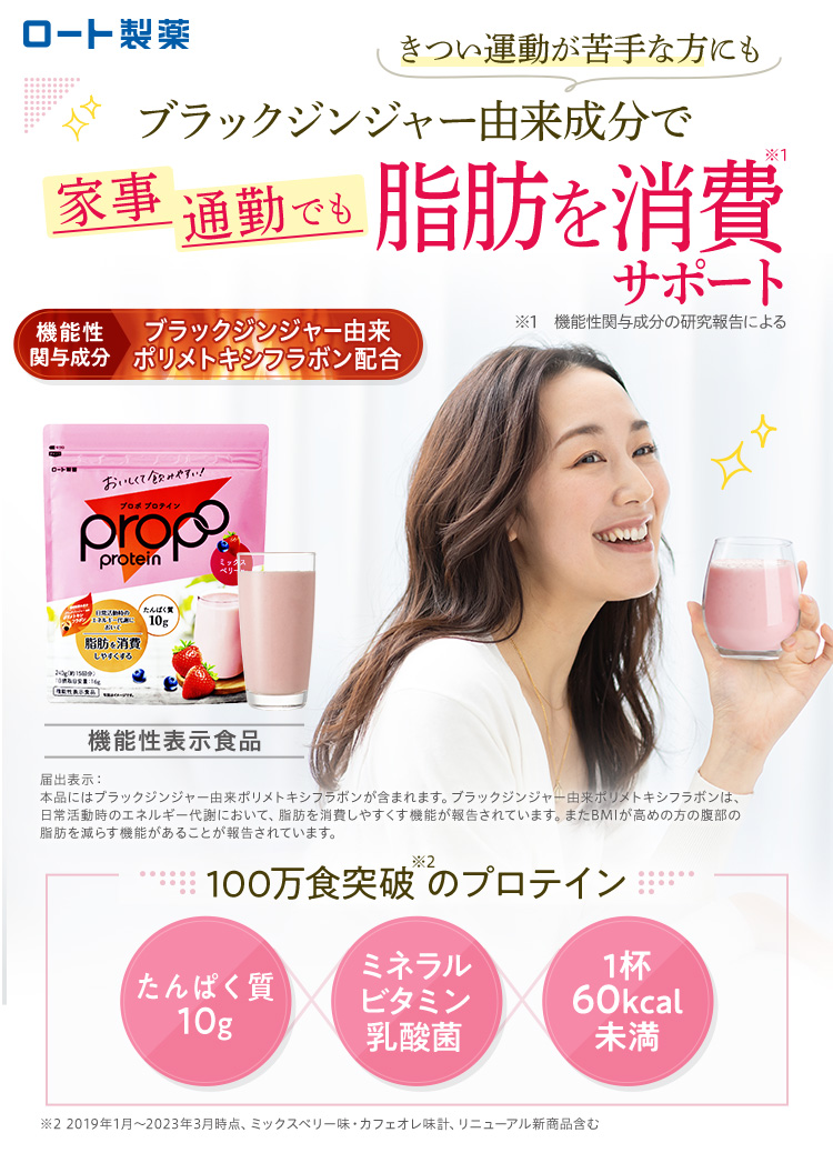 ロート製薬 きつい運動が苦手な方にも ブラックジンジャー由来成分で 家事通勤でも脂肪を消費※1 サポート ※1 機能性関与成分の研究報告による 100万食突破のプロテイン たんぱく質10g ミネラルビタミン乳酸菌 1杯60kcal未満