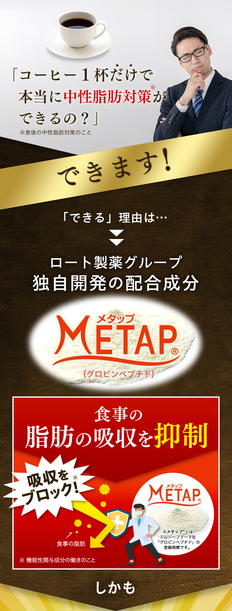 「コーヒー１杯だけで本当に中性脂肪対策※ができるの？」 ※食後の中性脂肪対策のこと できます! 「できる」理由は…ロート製薬グループ独自開発の配合成分（グロビンペプチド）食事の脂肪の吸収を抑制 吸収をブロック！※ ※メタップとはエムジーファーマ社「グロビンペプチド」の登録商標です。 食事の脂肪 ※ 機能性関与成分の働きのこと しかも