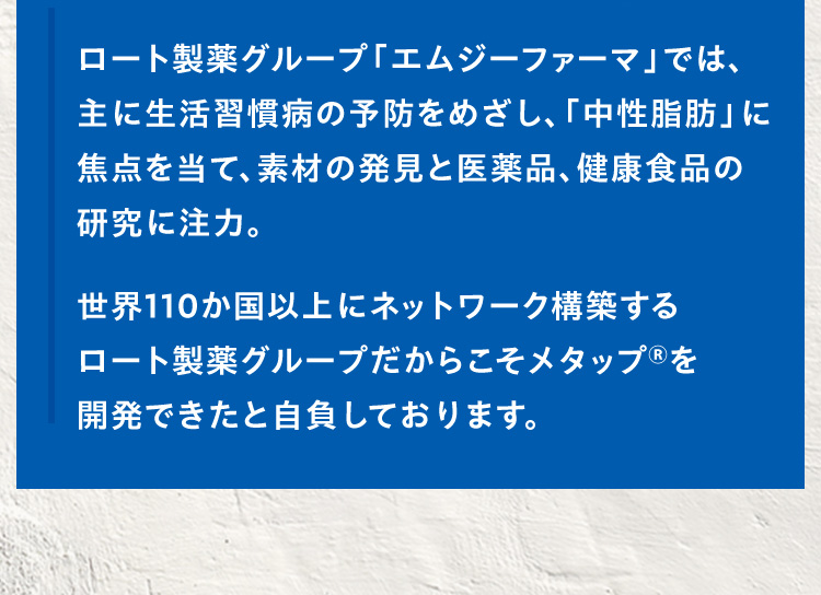 ロート製薬グループ「エムジーファーマ」では、主に生活習慣病の予防をめざし、「中性脂肪」に焦点を当て、素材の発見と医薬品、健康食品の研究に注力。世界110か国以上にネットワーク構築するロート製薬グループだからこそメタップ&reg;を開発できたと自負しております。