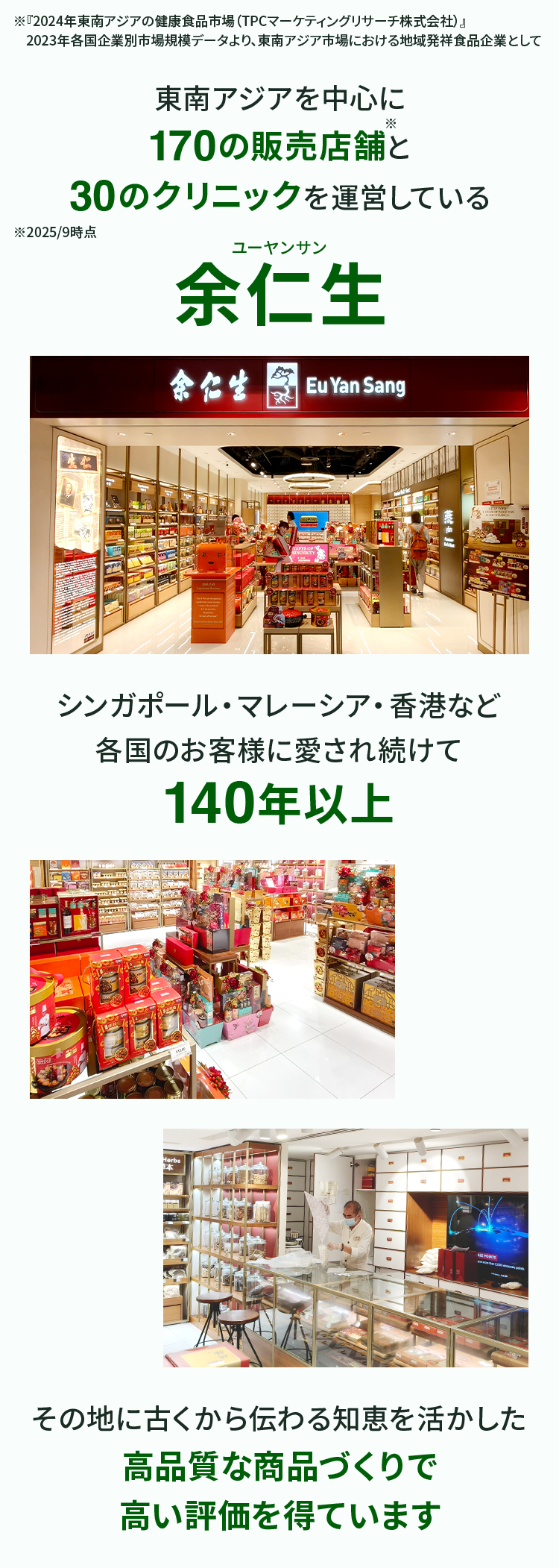 ※『2024年東南アジアの健康食品市場（TPCマーケティングリサーチ株式会社）』　2023年各国企業別市場規模データより、東南アジア市場における地域発祥食品企業として 東南アジアを中心に170の販売店舗※と30のクリニックを運営している ※2025/9時点 余仁生 シンガポール・マレーシア・香港など各国のお客様に愛され続けて140年以上その地に古くから伝わる知恵を活かした高品質な商品づくりで高い評価を得ています