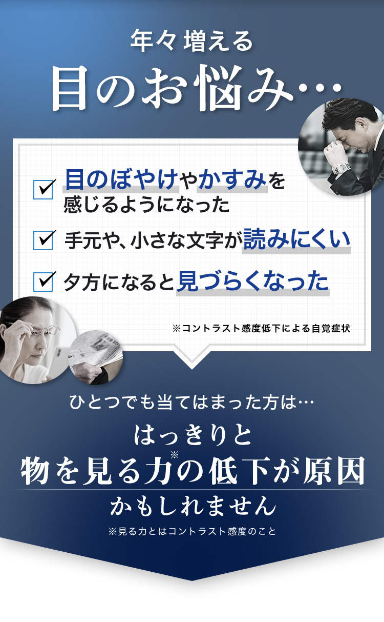 年々増える目のお悩み… 目のぼやけやかすみを感じるようになった 手元や、小さな文字が読みにくい 夕方になると見づらくなった ※コントラスト感度低下による自覚症状 ひとつでも当てはまった方は… はっきりと物を見る力の低下が原因かもしれません※ ※見る力とは色コントラスト感度のこと