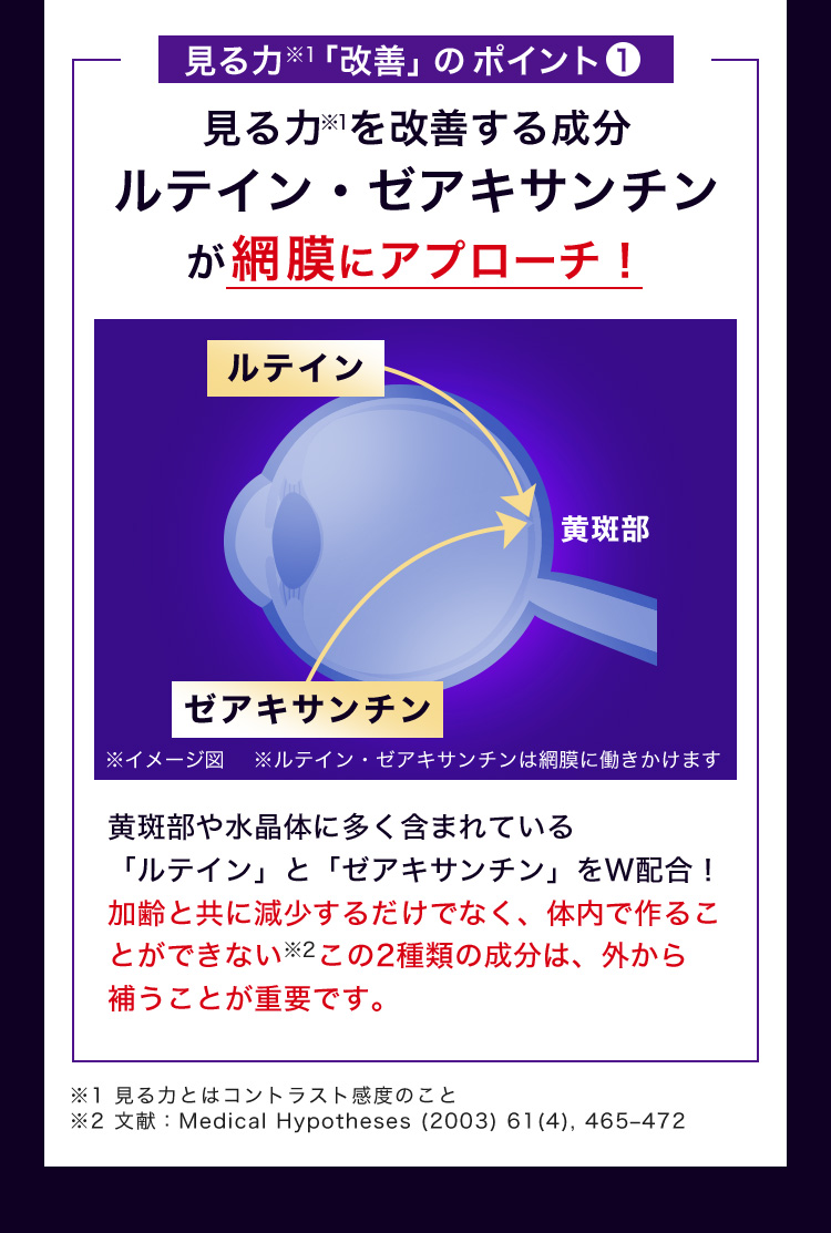 見る力※1「改善」のポイント1 見る力※1を改善する成分ルテイン・ゼアキサンチンが網膜にアプローチ！ ルテイン ゼアキサンチン 黄斑部 ※イメージ図 ※ルテイン・ゼアキサンチンは網膜に働きかけます 黄斑部や水晶体に多く含まれている「ルテイン」と「ゼアキサンチン」をW配合！加齢と共に減少するだけでなく、体内で作ることができない※2この2種類の成分は、外から補うことが重要です。 ※1 見る力とはコントラスト感度のこと ※1 見る力とはコントラスト感度のこと ※2 文献：Medical Hypotheses (2003) 61(4), 465–472